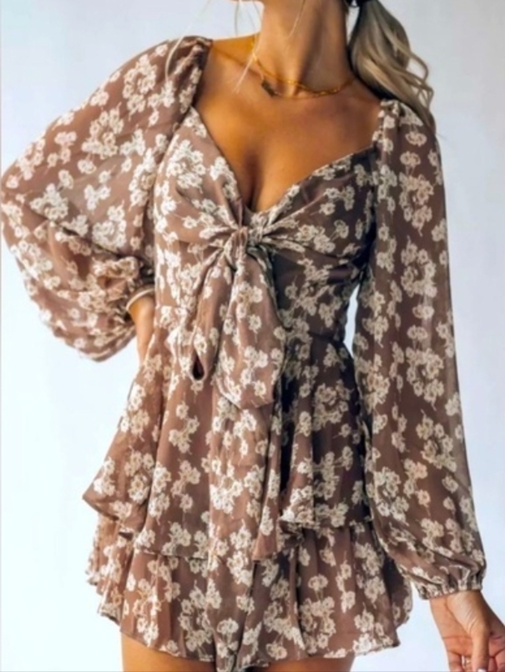 Brown Floral Tie-Front Long Sleeve Mini Dress Romper
